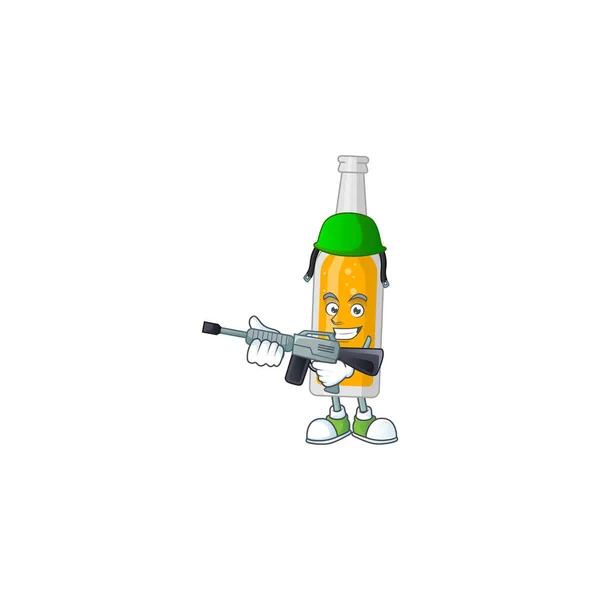 A mascot design picture of bottle of beer as a dedicated Army using automatic gun — Stock Vector
