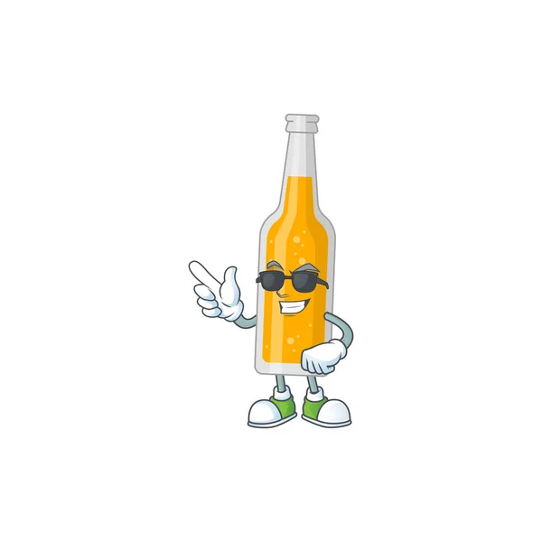Botella super cool de dibujo de dibujos animados de cerveza con gafas negras — Vector de stock