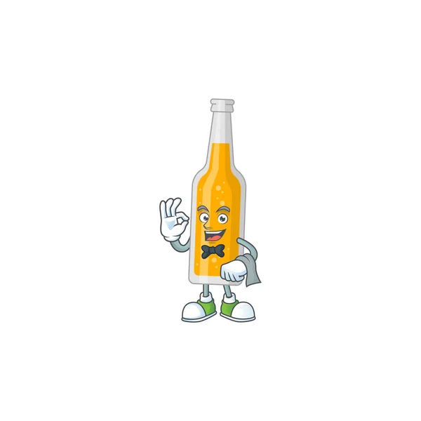 Una imagen de dibujos animados de la botella de cerveza como un personaje camarero listo para servir — Vector de stock