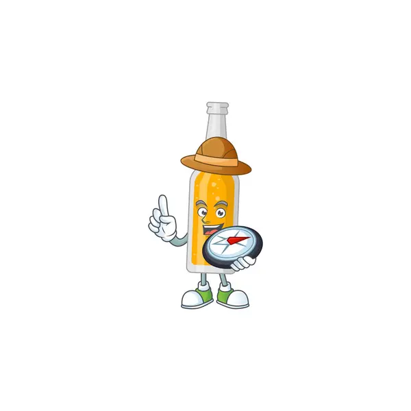 Experiencia explorador de botella de cerveza estilo personaje de dibujos animados utilizando brújula — Vector de stock