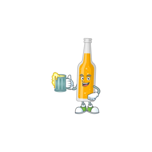 Una alegre botella de cerveza estilo mascota de dibujos animados tostadas con un vaso de cerveza — Vector de stock