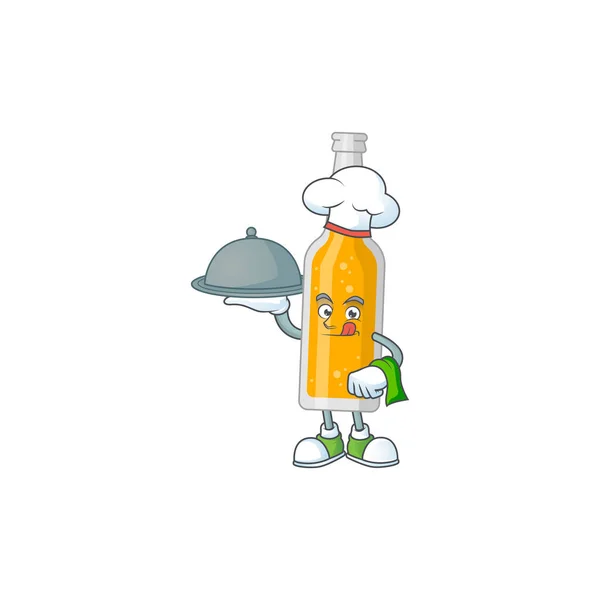 Eine Flasche Bier Chef Cartoon-Maskottchen-Design mit Hut und Tablett — Stockvektor