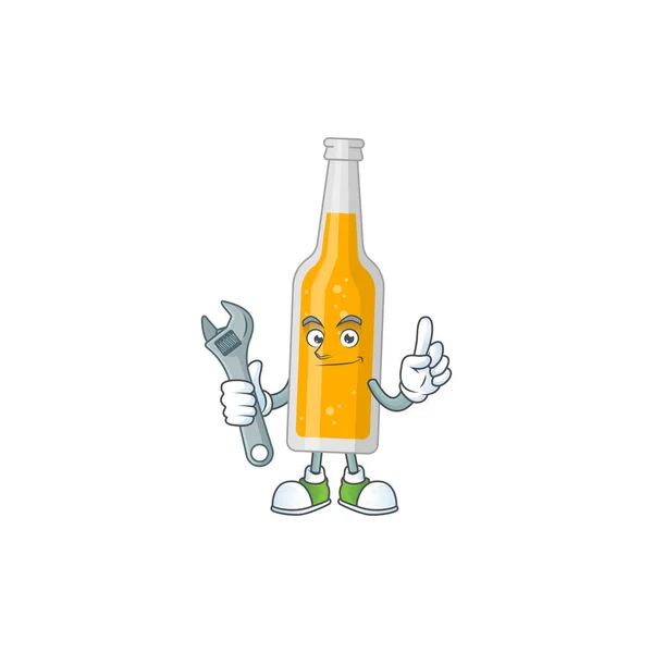 Uma garrafa mecânica inteligente de design de mascote de desenhos animados de cerveja corrigir uma máquina quebrada —  Vetores de Stock