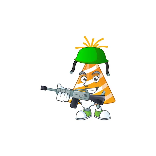 Une image de conception de mascotte de chapeau de fête jaune comme une armée dédiée en utilisant un pistolet automatique — Image vectorielle