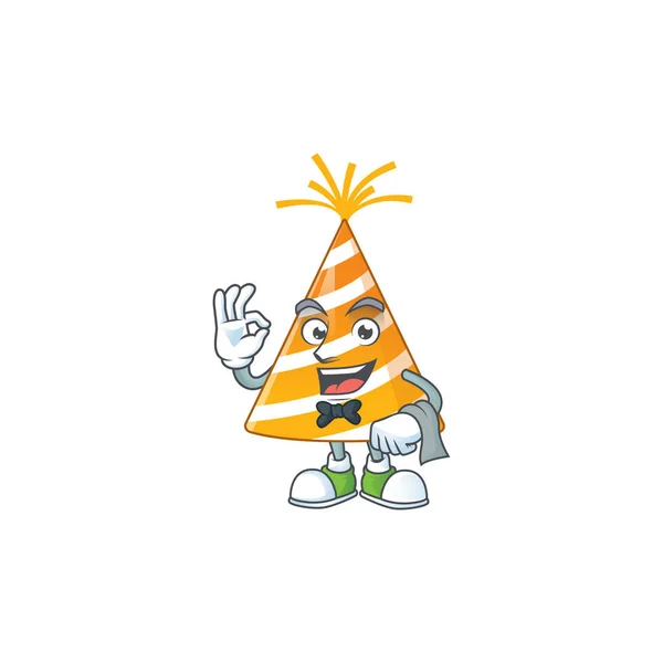 Una imagen de dibujos animados de sombrero de fiesta amarillo como un personaje camarero listo para servir — Vector de stock