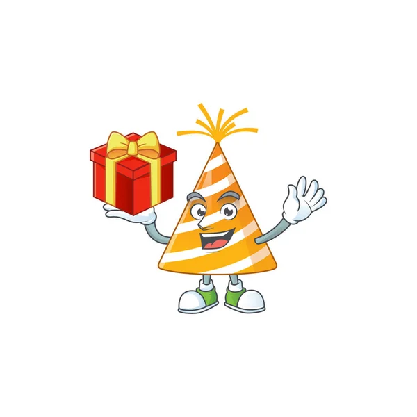 Diseño de concepto de mascota de dibujos animados sombrero de fiesta amarillo con una caja roja de regalo — Vector de stock