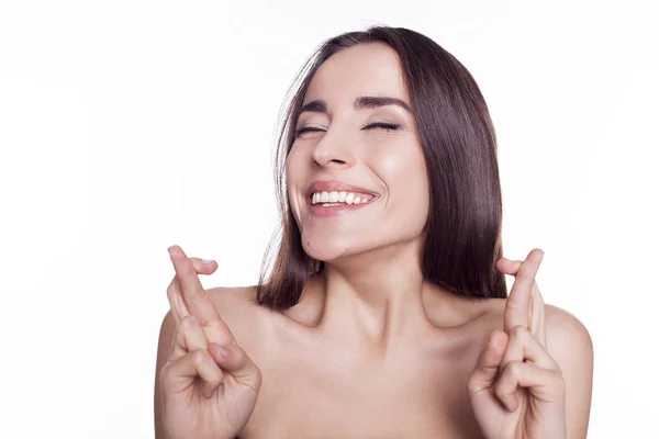 Schöne hemdlose Frau Hände Geste — Stockfoto