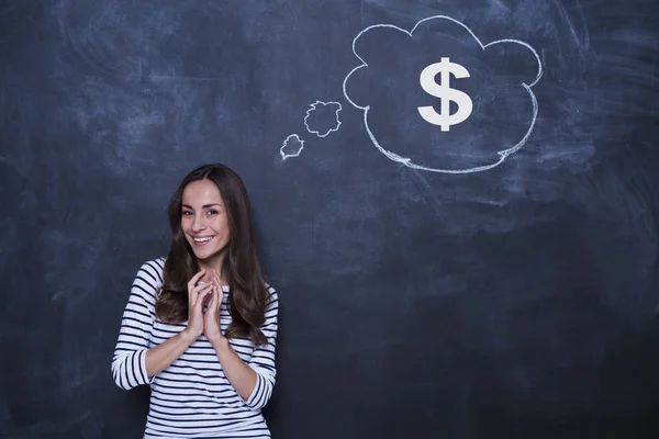 woman with dollar sign in speech bubble