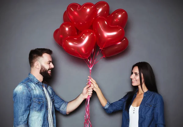 Beloved You Handsome Young Man Gives His Smiling Girl Red — Stock Photo, Image