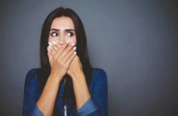 God How Awful Frightened Woman Covers Her Mouth Her Hands — Stock Photo, Image