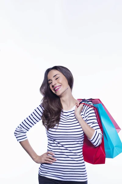 Koncepcja Sprzedaży Handlowej Uśmiechający Się Piękną Kobietę Kolorowe Torby Zakupy — Zdjęcie stockowe