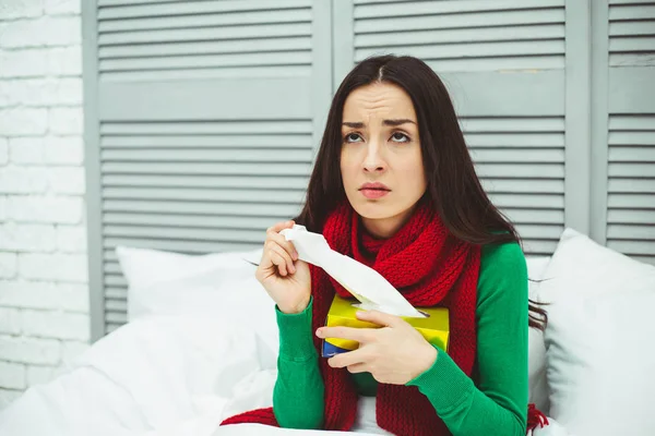 Close Portrait Young Sick Woman Runny Nose Red Scarf Lying — Stock Photo, Image