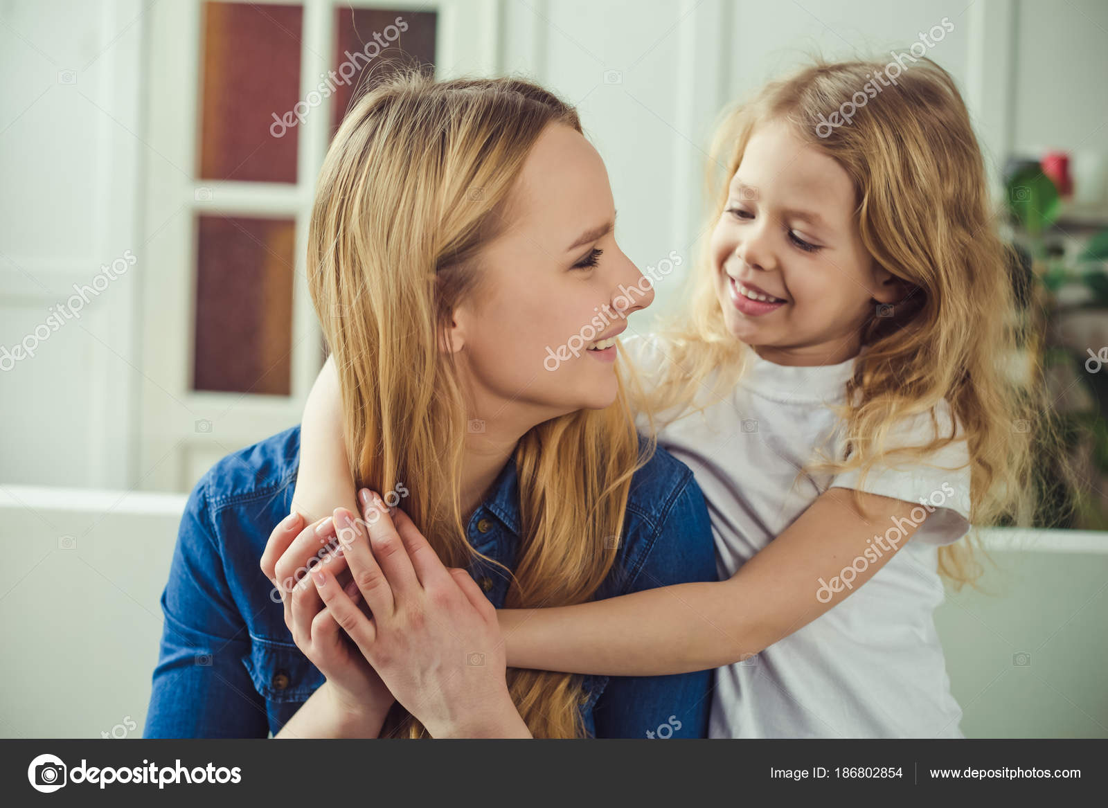 Smiling Happy Mom Daughter Hugging Each Other Home Couch Mom