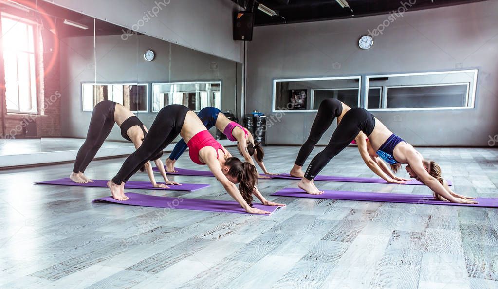 Yoga classes. Fitness, training, sport, yoga and people concept. Smiling women doing exercise in gym