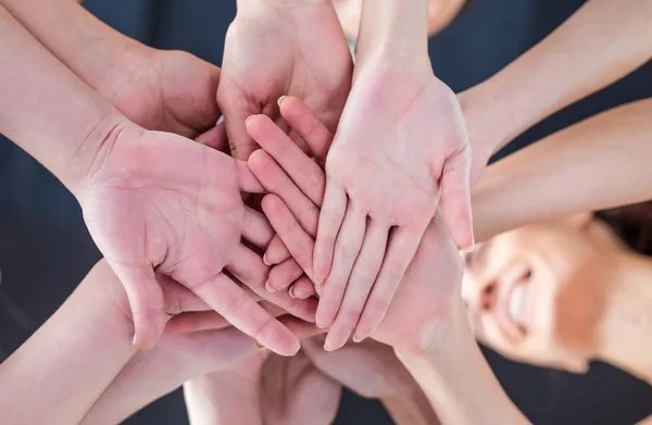 Close Photo Young Smiling Women Putting Hands Together Friends Stack — Stock Photo, Image