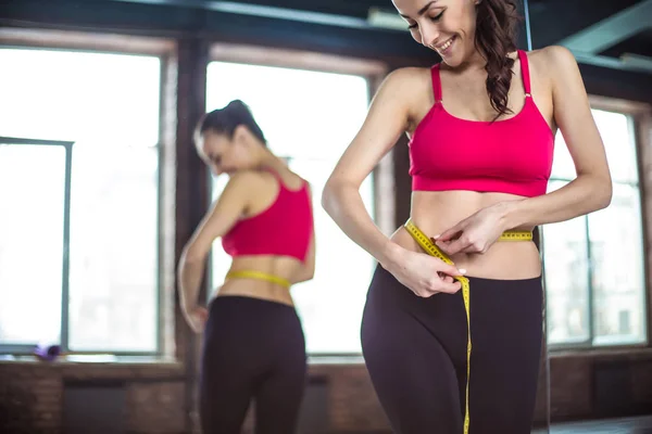 Athletic Smiling Slim Woman Measuring Her Waist Measure Tape Workout — Stock Photo, Image