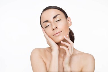 Portre, güzel genç kadın temiz taze cilt ile kapatın. Yüz bakımı. Yüz tedavi. Kozmetik kavramı. Güzellik ve spa
