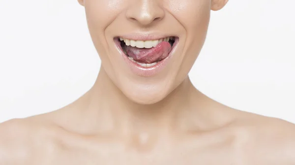 Mulher Bonita Com Sorriso Largo Dentes Saúde — Fotografia de Stock