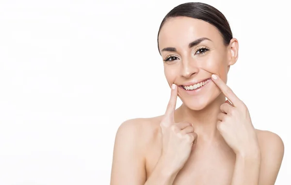 Mujer Hermosa Con Amplia Sonrisa Dientes Salud — Foto de Stock