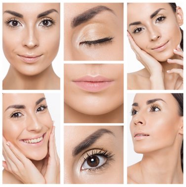 Güzellik ve spa kolaj. Temiz ve taze bir cilt ile güzel bir gülümseyen genç kadın portreleri fotoğraf kolaj. Kozmetik. Makyaj. Cilt Bakımı.
