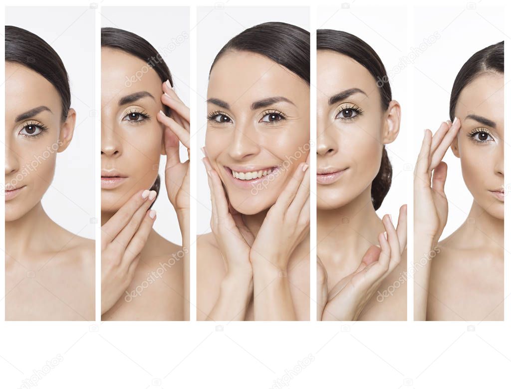 Beauty and spa collage. Collage of photo portraits of a beautiful smiling young woman with clean and fresh skin. Cosmetology. Makeup. Skin care.