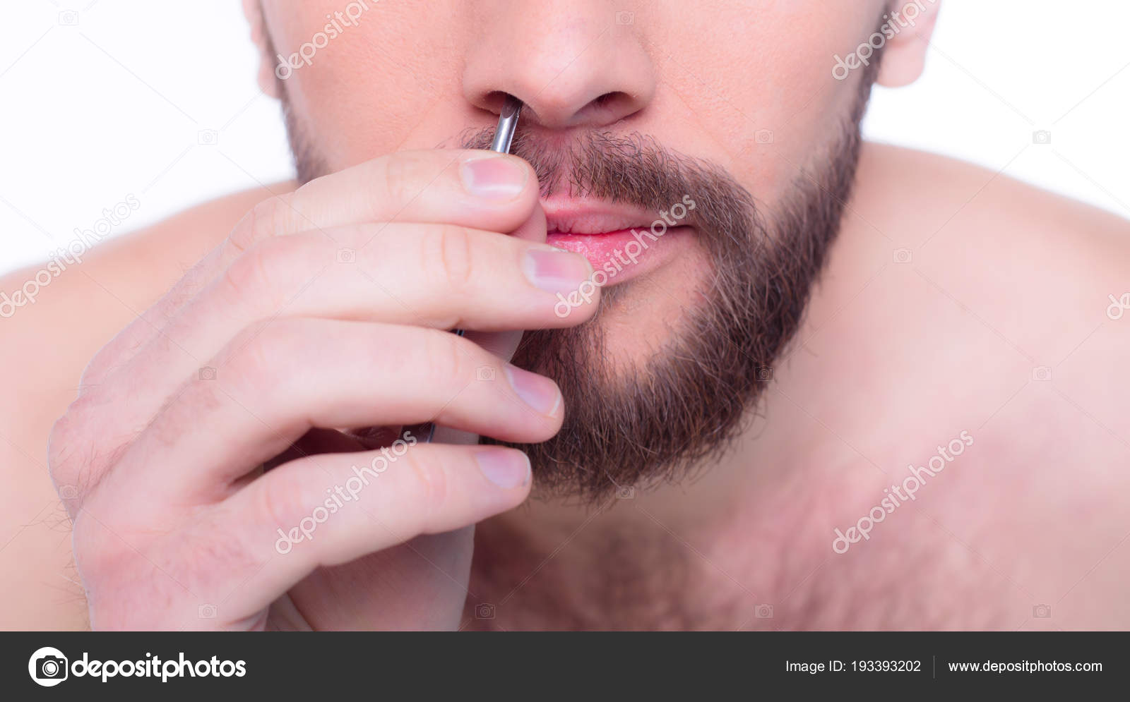 Man Pluck Out Hair His Nose Tweezers Stock Photo C Saragolfart