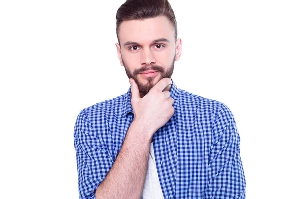Junger Gutaussehender Mann Posiert Gegen Weiß Blauen Hemd — Stockfoto