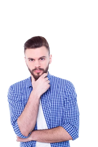 Junger Gutaussehender Mann Posiert Gegen Weiß Blauen Hemd — Stockfoto