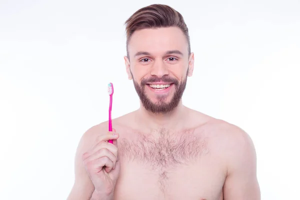 Adam Diş Fırçası Ile Portre Kadar Kapatın — Stok fotoğraf