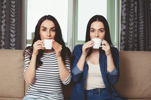 Dos Jóvenes Hermosas Chicas Sonrientes Con Ropa Casual Comunican Beben — Foto de Stock