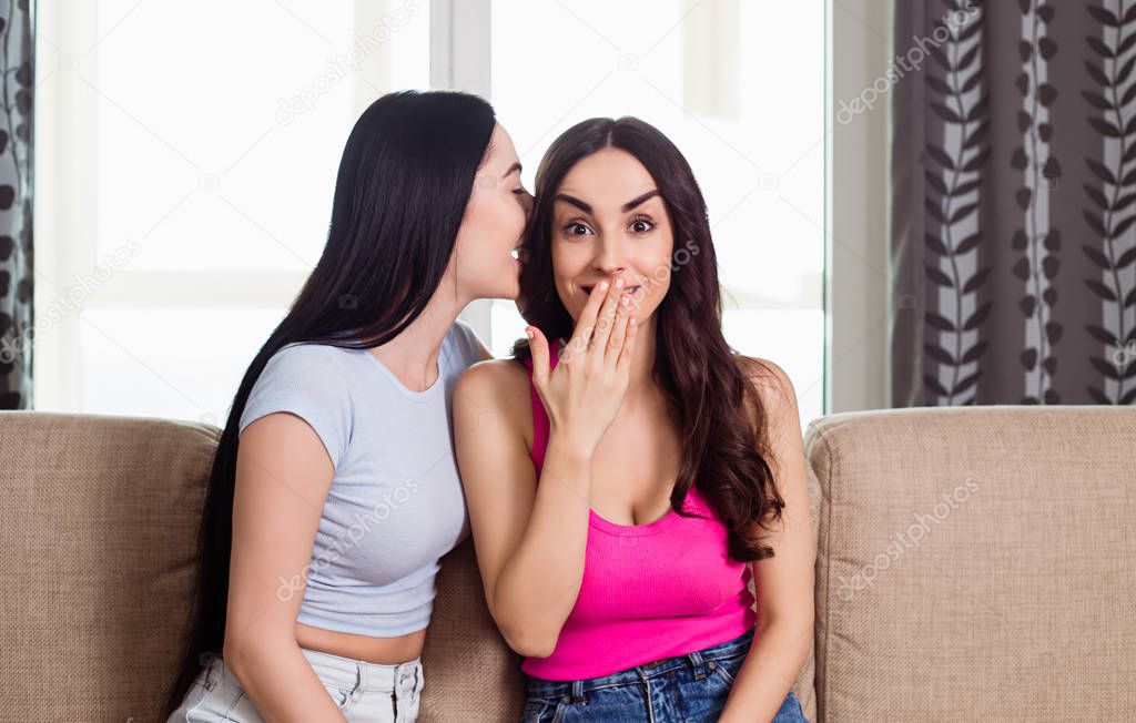 It's a secret. Two beautiful young girlfriends are secretive and share gossip each other sitting on the couch.