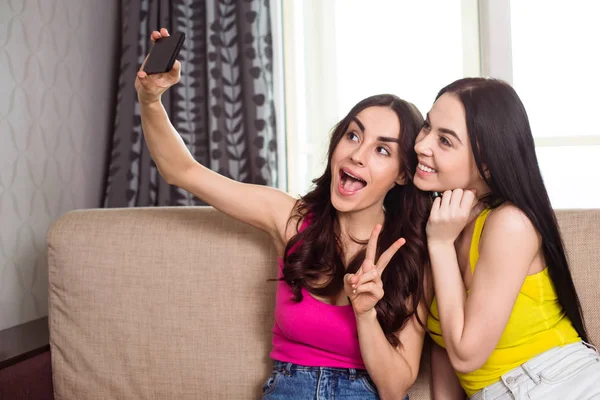 Selfie Photo Best Friends Two Cool Beautiful Sisters Doing Photos — Stock Photo, Image