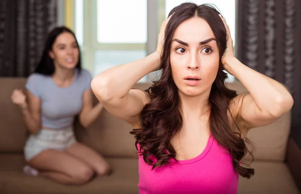 Quarrel Friends Two Angry Resentful Friends Sitting Back Back Sofa — Stock Photo, Image