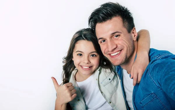 Happy Father Daughter Hugging White Background — Stock Photo, Image