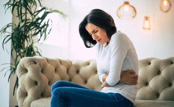 Period Cramps Close Photo Young Woman Who Holding Her Belly — Stock Photo, Image
