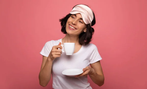 Camomile Tea Close Photo Charming Woman Pajamas Who Looking Aside — Stock Photo, Image