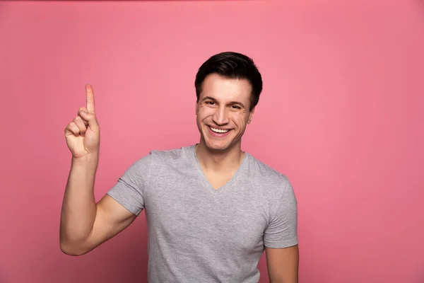 Top Sales Close Photo Handsome Young Happy Man Grey Shirt — Stock Photo, Image