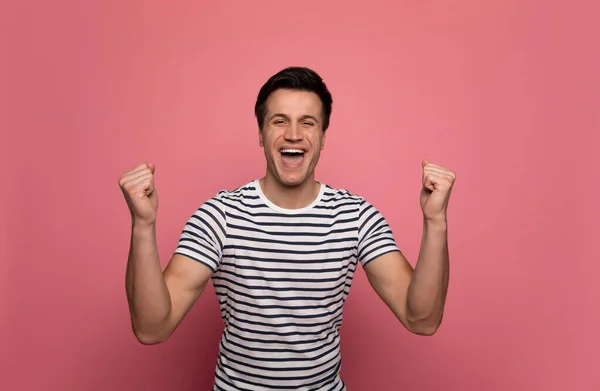 Happiness Real Close Photo Overjoyed Young Man Striped Shirt Who — Stock Photo, Image