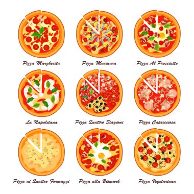 İtalyan pizza kümesi. Yaratıcı vektör çizim.