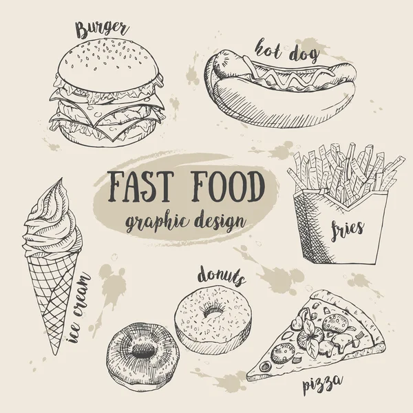 Conjunto de fast food desenhado à mão. Ilustração vetorial criativa . —  Vetores de Stock