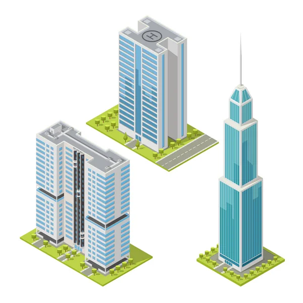 Set of realistic office buildings, isometric skyscrapers, modern apartment. Vector illustration with isometric buildings. 3D building design for logos, infographics and city map creation. — Stock Vector