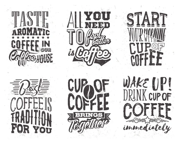 Set of coffee lettering. Vector illustration with hand drawn quote about coffee. Slogan used for advertising cafe, coffee shop, coffee house or poster, card and banner. — Stock Vector