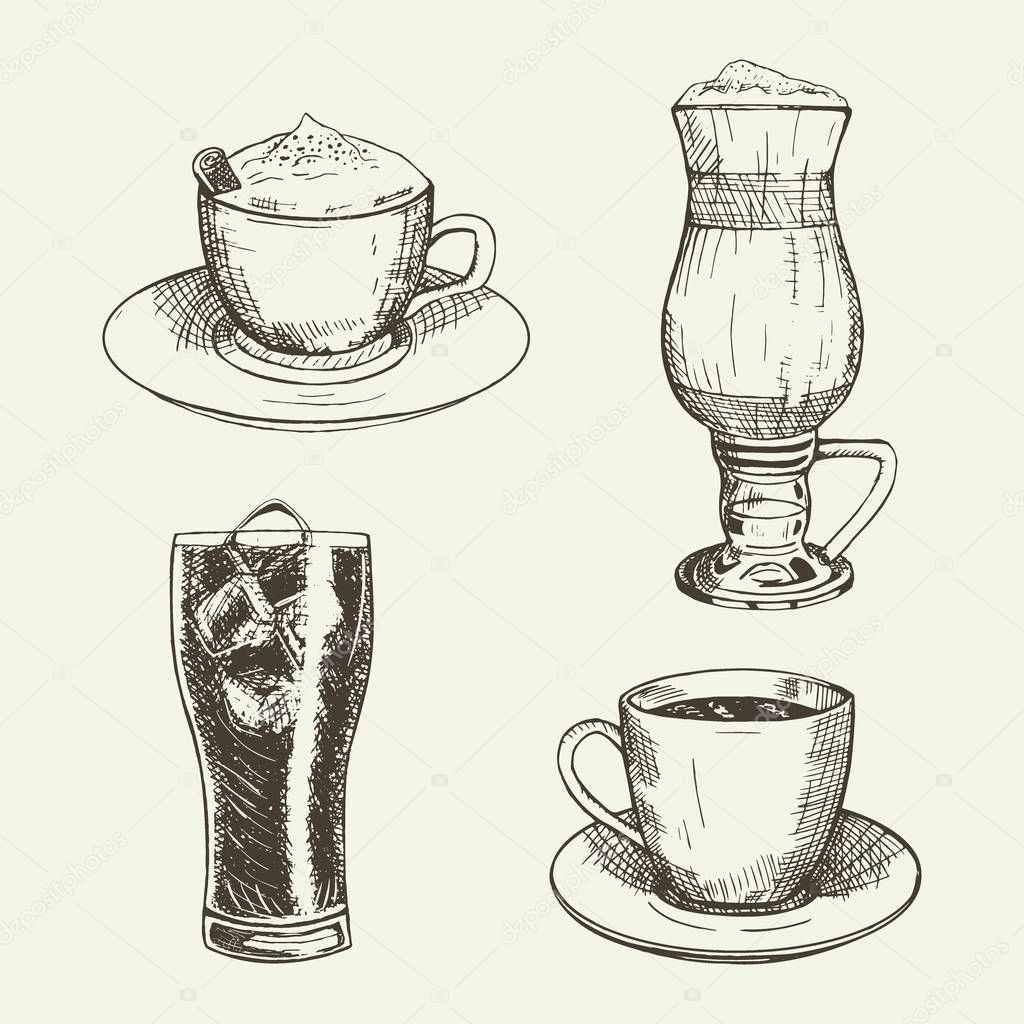 Conjunto de bebidas gráficas incluem xícara de cappuccino, latte
