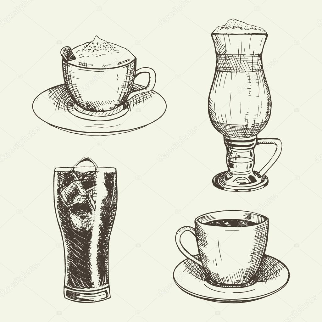 Set of graphic drinks include cup of cappuccino, latte, americano and coca-cola with ice. Vector illustration. Drinks sketch used for advertising hot and cold beverages, coffee shop and logo design.