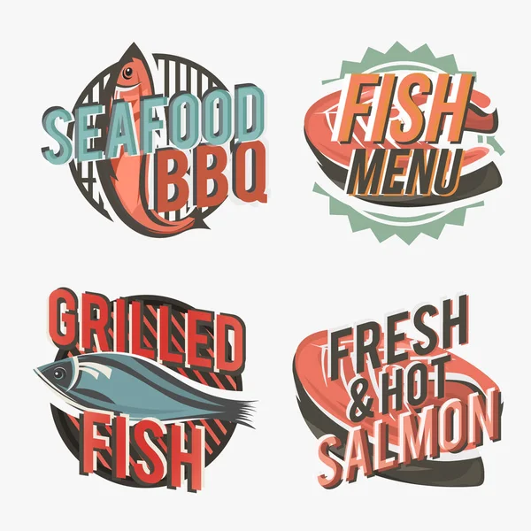 Conjunto criativo de logotipos de peixe incluem bife de salmão e silhueta de peixe grelhado. Ilustração vetorial. Logotipos de peixe utilizados para publicidade de pratos de peixe, mercado de peixe, churrasqueira, bistrô ou menu de restaurante . —  Vetores de Stock