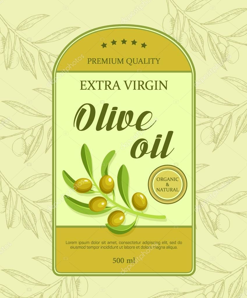 Beautiful label for olive oil with green olive branch. Vector illustration done in retro style. Label designed for advertising live oil premium quality.