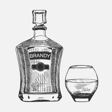 Brendi kompozisyon yaratıcı taslağını. Vektör çizim. El reklam brendi üstün kaliteli, Restoran veya bar menüsünden, logo tasarımı için içecek için kullanılan brendi kümesi çizimi.