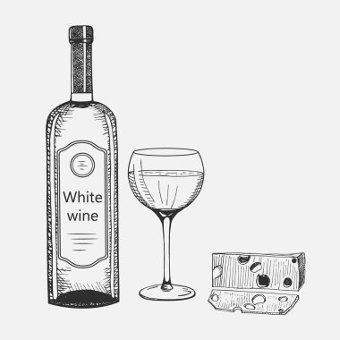 El beyaz şarap öğeleri kümesi çekilmiş. Vektör çizim. Şarap kompozisyon, reklam şarap kullanılan içecek restoran veya bar menüsünden, logo tasarım.