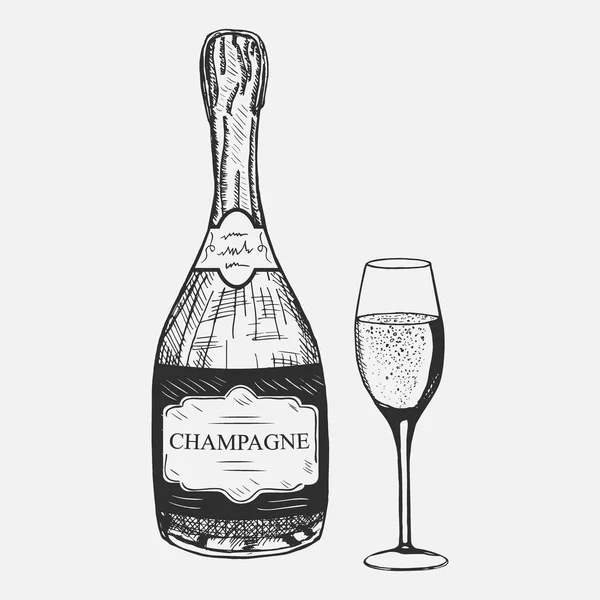 Şampanya kompozisyon yaratıcı taslağını. Vektör çizim. El logo tasarımı için restoran veya bar menüsünden Reklam içecek için kullanılan şampanya kümesi çizimi. — Stok Vektör