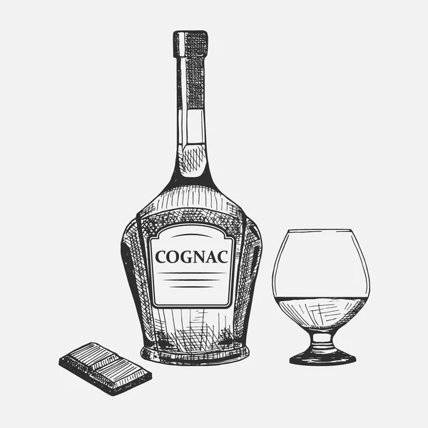 Set disegnato a mano di elementi di cognac. Illustrazione vettoriale. Composizione Cognac utilizzata per la pubblicità di bevande nel menu di ristoranti o bar, per i mercati degli alcolici e la progettazione del logo . — Vettoriale Stock